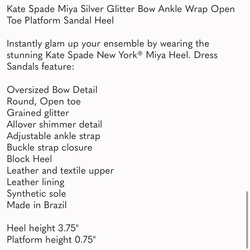 Kate Spade Miya Silver Glitter Bow Ankle Wrap Open Toe Platform new no box - Picture 6 of 8